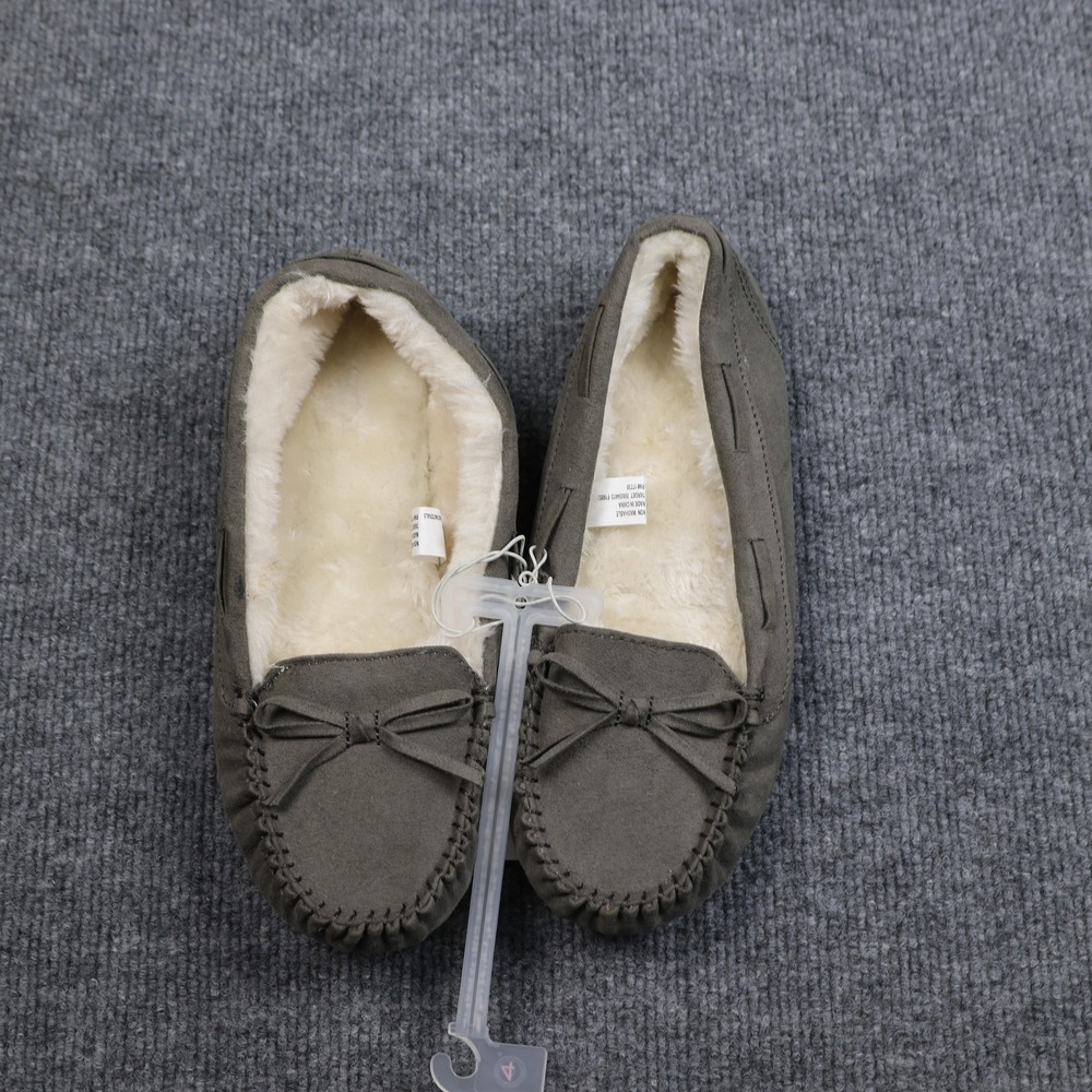 Cat & Jack Slippers Shoes Girls Size 4‎ Gray Moccasin Faux Fur Lined Bow CADI
